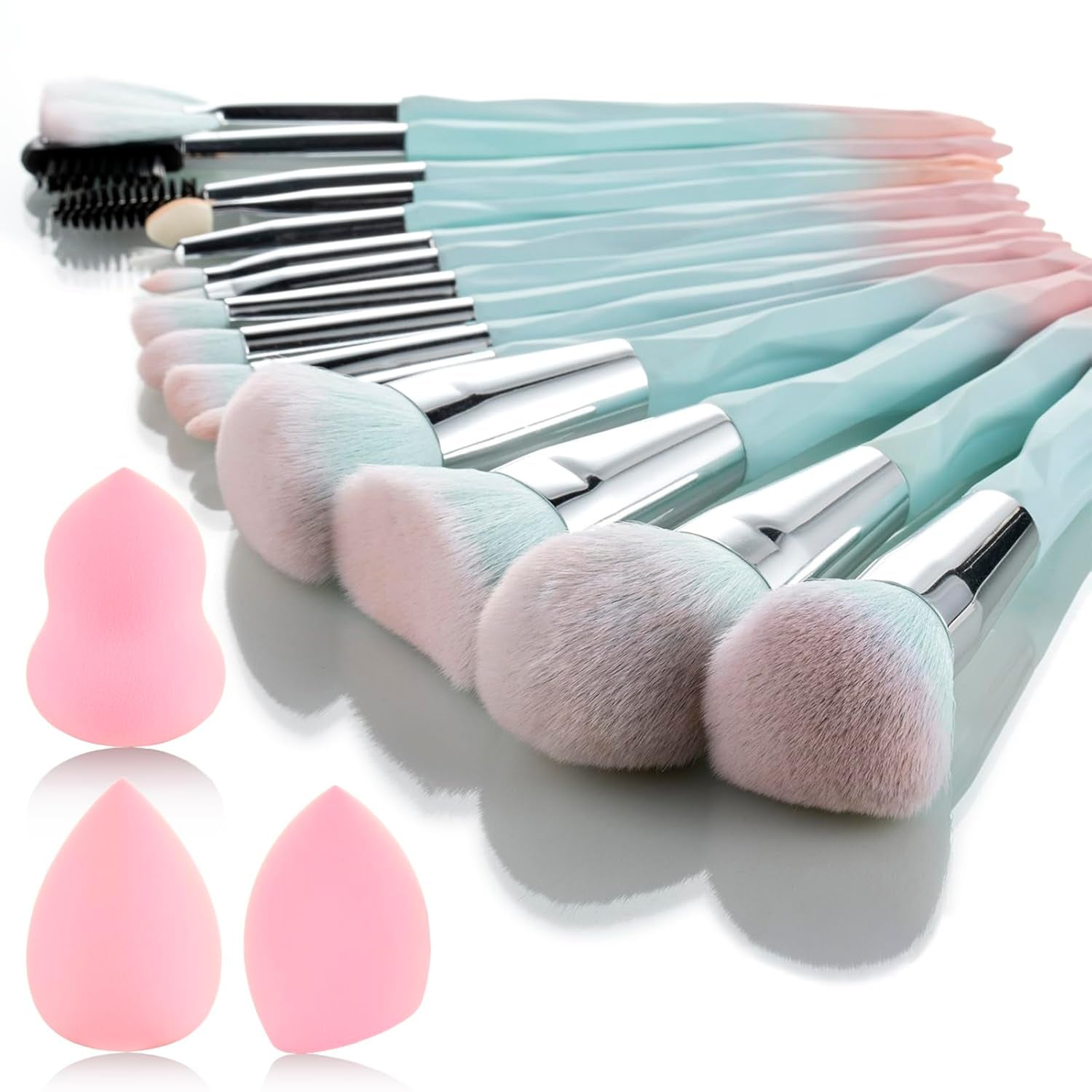 Pink Blue Gradient Makeup Brushes and Makeup Sponges Set 18Pcs/Set