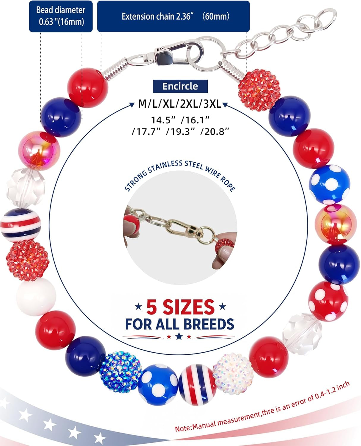 Patriotic Dog Collar for Medium Large Breeds, Chunky Beaded (20Mm) Red & Blue, 4Th of July Independence Day Pet Necklace Adjustable American Flag Collar for Big Dogs (L(17''-18.5''))