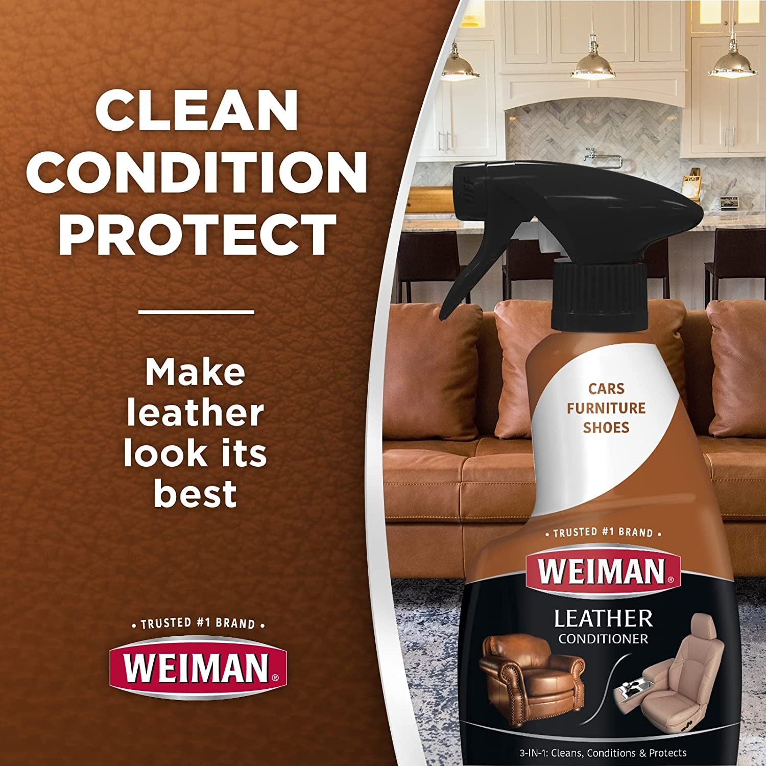 Leather Cleaner & Conditioner - Cleans, Restores & Protects Leather, UV Protection Prevent Cracking & Fading, for Car Seats, Sofas, Shoes, Bags & All Finished Leather Surfaces, 2 Pack, 22 FL Oz