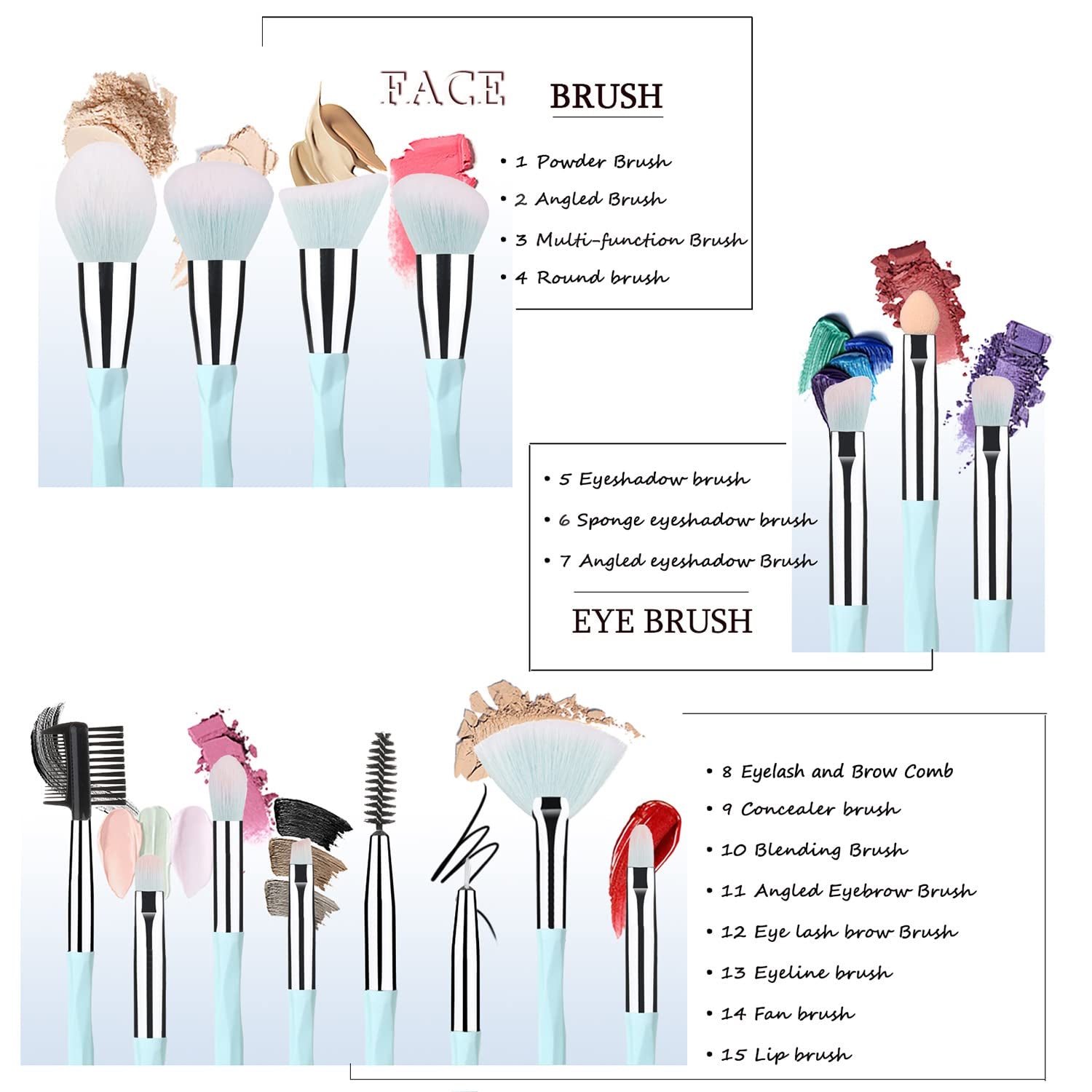 Pink Blue Gradient Makeup Brushes and Makeup Sponges Set 18Pcs/Set