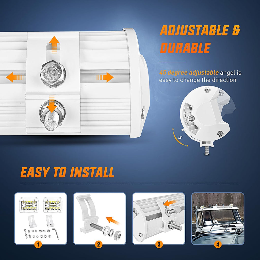 Marine LED Light Pods Navigation Lights 2PCS 4 Inch White Spot Flood Combo Ponton Boat Deck Dock Lighting for Night Fishing T-Top Stern Yacht Port Sailboat Trucks Tractors
