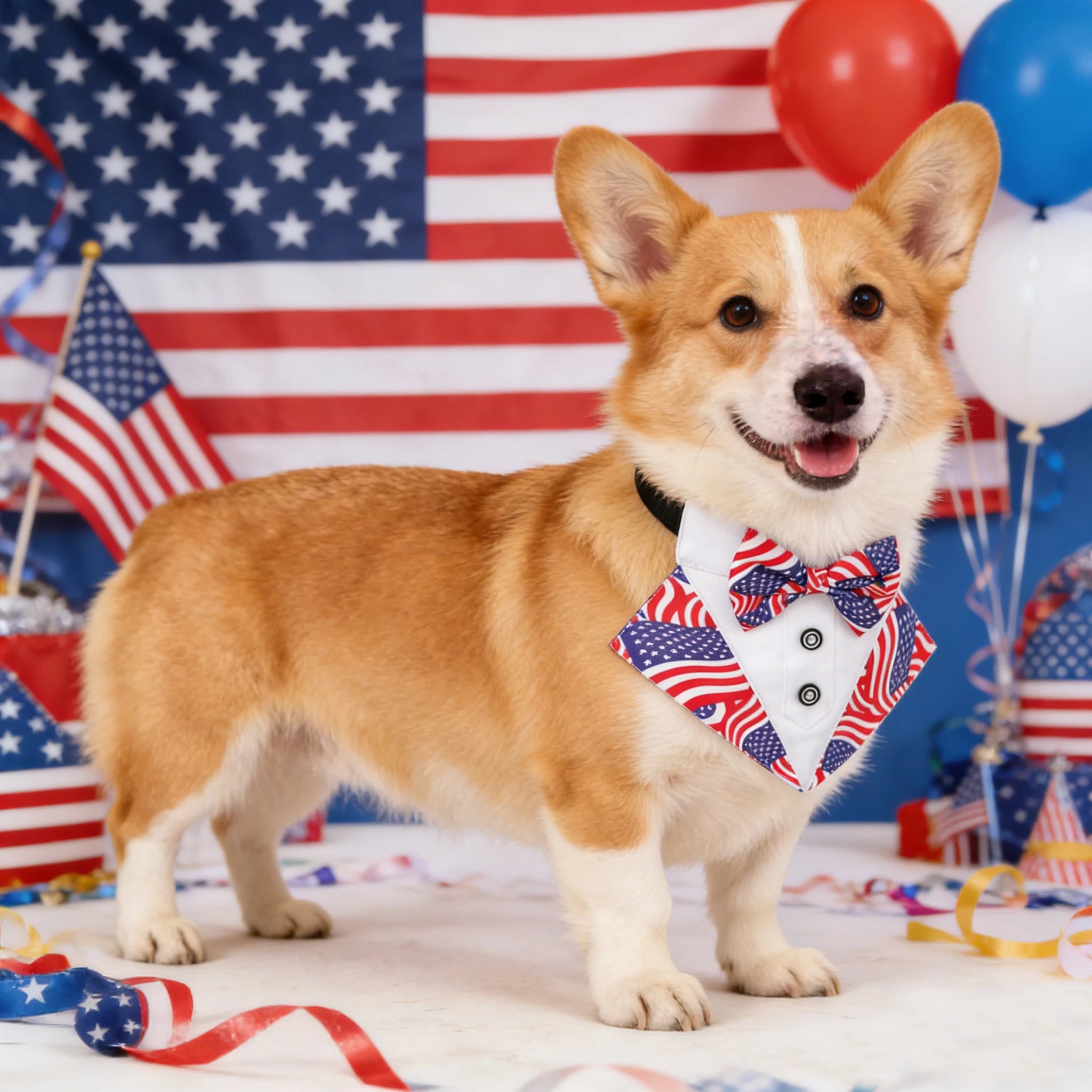 American Flag Dog Tuxedo Collar with Bowtie, Red Blue Pet Tux Bandana, Adjustable 4Th of July Scarf Costume for Dogs Pet