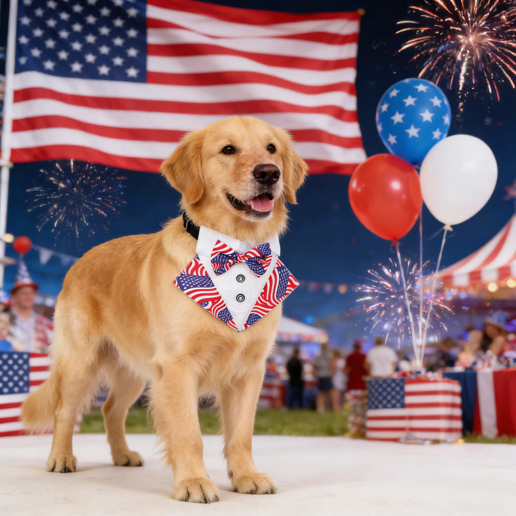 American Flag Dog Tuxedo Collar with Bowtie, Red Blue Pet Tux Bandana, Adjustable 4Th of July Scarf Costume for Dogs Pet