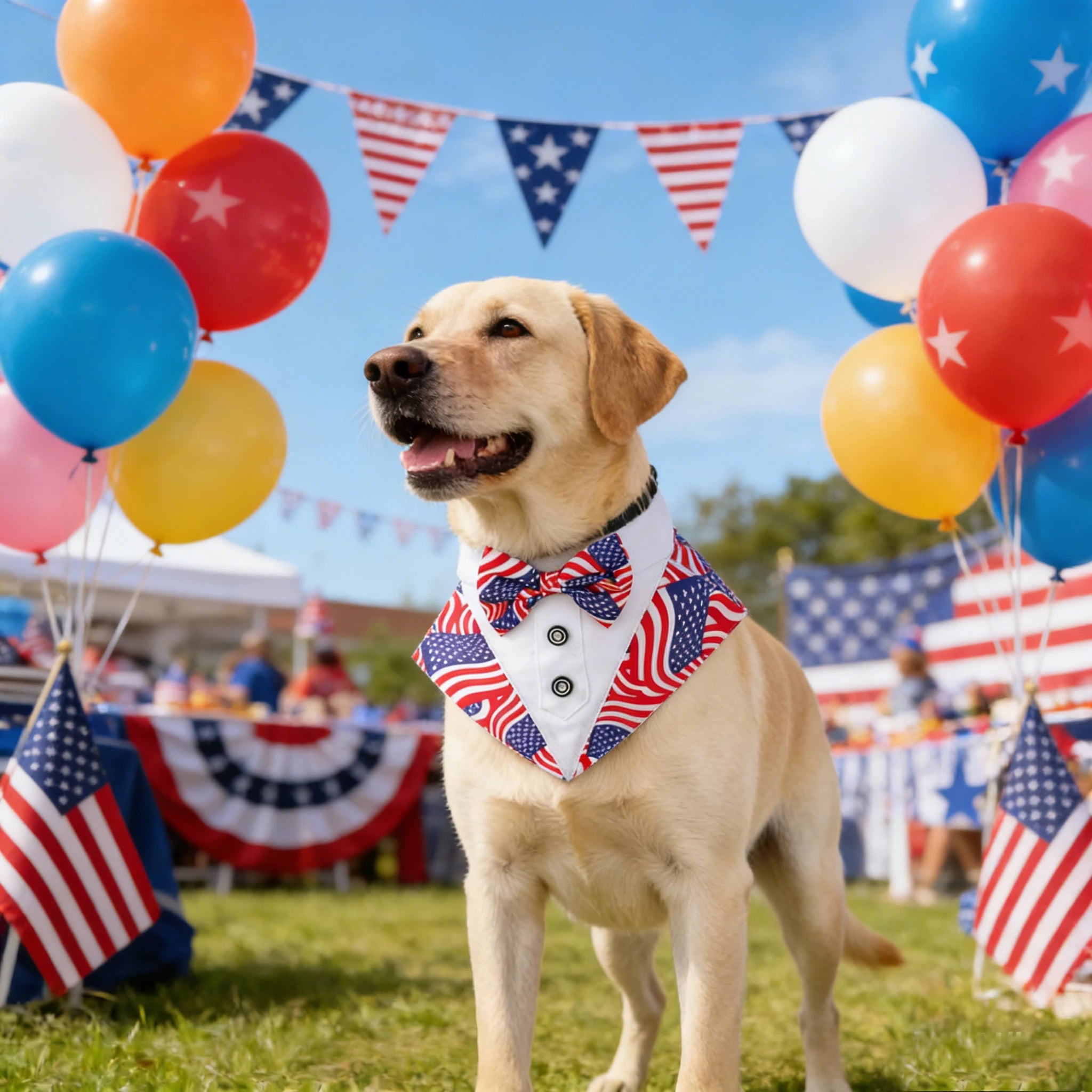 American Flag Dog Tuxedo Collar with Bowtie, Red Blue Pet Tux Bandana, Adjustable 4Th of July Scarf Costume for Dogs Pet