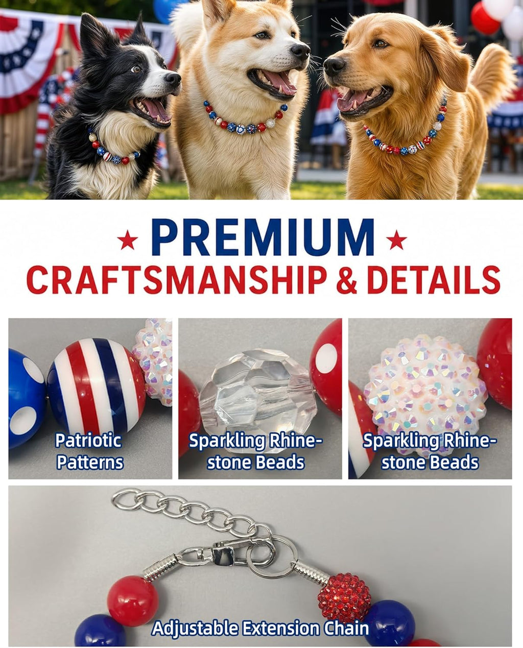 Patriotic Dog Collar for Medium Large Breeds, Chunky Beaded (20Mm) Red & Blue, 4Th of July Independence Day Pet Necklace Adjustable American Flag Collar for Big Dogs (L(17''-18.5''))