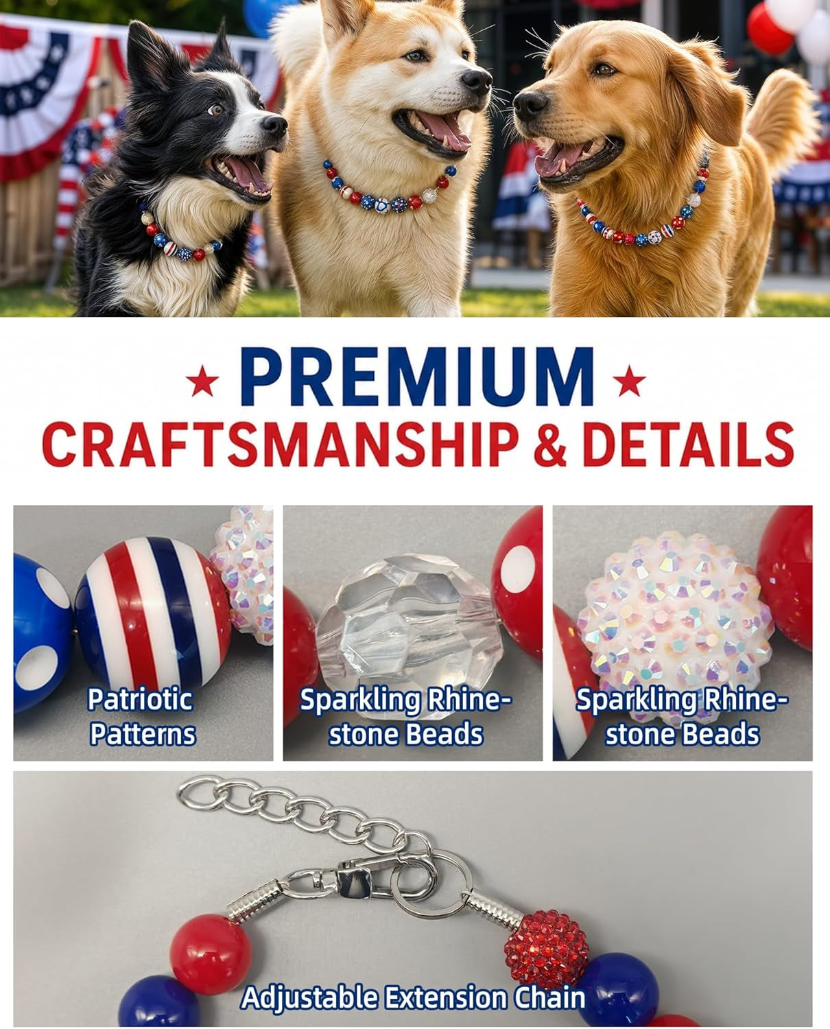 Patriotic Dog Collar for Medium Large Breeds, Chunky Beaded (20Mm) Red & Blue, 4Th of July Independence Day Pet Necklace Adjustable American Flag Collar for Big Dogs (L(17''-18.5''))